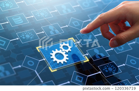 Business process automation technology. Workflow system. Checkmark and gears on flowchart 120336719