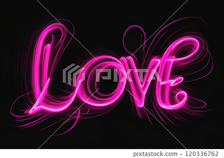 The word love written in a glowing, pink swirled font on a black background, an image created by a neural network The word love written in a glowing, pink swirled font on a black background, an image created by a neural network 120336762