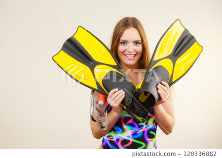 Woman with flippers and snorkeling mask having fun Woman with flippers and snorkeling mask having fun 120336882