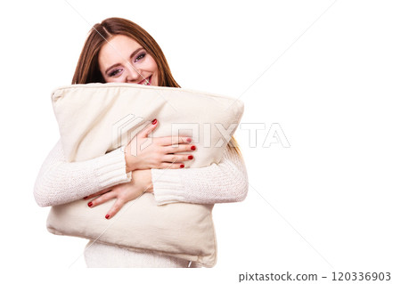 Smiling woman with pillow Smiling woman with pillow 120336903