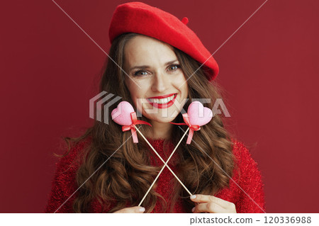 happy trendy woman with long wavy hair and hearts on stick happy trendy woman with long wavy hair and hearts on stick 120336988