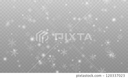 Realistic falling snow with snowflakes and clouds. Vector heavy snowfall, snowflakes in different shapes and forms. Many white cold flake elements on transparent background. 120337023