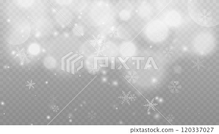 Winter background with snow in transparent Falling Snowflakes. Christmas snowflakes on a transparent background. Snowfall. Christmas or New Year card. Falling Snowflakes 120337027