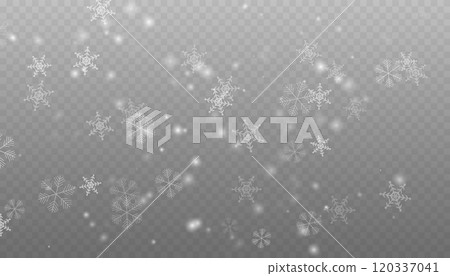 Winter background with snow in transparent Falling Snowflakes. Christmas snowflakes on a transparent background. Snowfall. Christmas or New Year card. Falling Snowflakes 120337041
