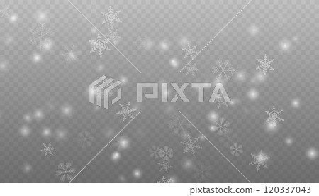 Winter background with snow in transparent Falling Snowflakes. Christmas snowflakes on a transparent background. Snowfall. Christmas or New Year card. Falling Snowflakes 120337043