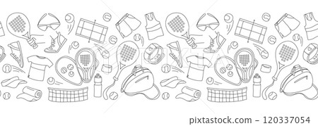 Seamless Padel Tennis Pattern with Rackets, Balls, and Accessories Seamless Padel Tennis Pattern with Rackets, Balls, and Accessories 120337054