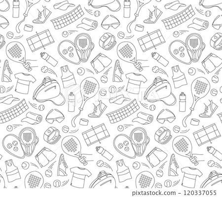Seamless Padel Tennis Pattern with Rackets, Balls, and Accessories Seamless Padel Tennis Pattern with Rackets, Balls, and Accessories 120337055