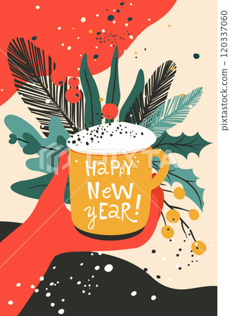 Happy New Year Mug with Festive Foliage - Holiday Illustration Happy New Year Mug with Festive Foliage - Holiday Illustration 120337060