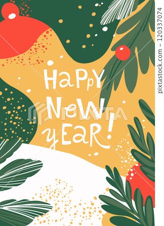 Happy New Year Greeting Card with Festive Ornaments and Greenery 120337074