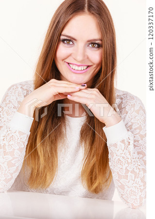 Portrait of happy, positive attractive woman 120337170