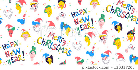 Festive Holiday Seamless pattern background Bright, colorful set of cheerful Christmas and New Year greetings 120337203