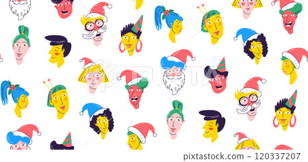Christmas Party Time unique Characters. Seamless pattern background. Diverse collection of festive faces. Christmas Party Time unique Characters. Seamless pattern background. Diverse collection of festive faces. 120337207