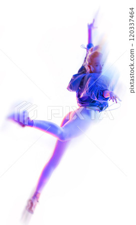 Contemporary art collage. Dynamic image of woman mid-jump in vibrant athletic outfit, captured with glowing neon light effect on white background. Motion blur effect. Contemporary art collage. Dynamic image of woman mid-jump in vibrant athletic outfit, captured with glowing neon light effect on white background. Motion blur effect. 120337464