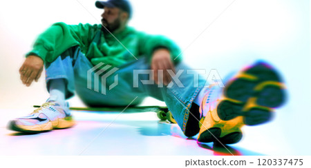 Contemporary art collage. Male skater relaxing on floor with skateboard, wearing casual jeans and sneakers against white background. Neon glow and motion blur effect. Contemporary art collage. Male skater relaxing on floor with skateboard, wearing casual jeans and sneakers against white background. Neon glow and motion blur effect. 120337475