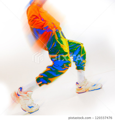 Contemporary art collage. Man in vibrant athletic wear taking energetic stride against white background. Neon glow and motion blur effect. 120337476