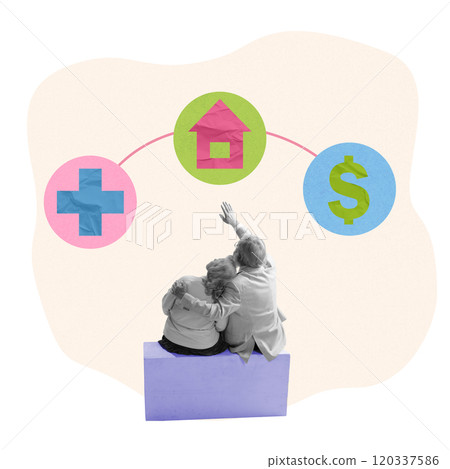 Elderly couple sitting together, gazing at icons representing healthcare, housing, and wealth, depicting retirement goals and priorities. Contemporary art collage. Elderly couple sitting together, gazing at icons representing healthcare, housing, and wealth, depicting retirement goals and priorities. Contemporary art collage. 120337586