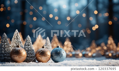 Festive Christmas ornaments with snow covered miniature trees and bokeh lights, dark blue background Festive Christmas ornaments with snow covered miniature trees and bokeh lights, dark blue background 120337695