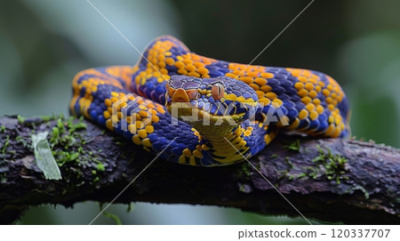 Gold ringed cat snake on tree branch. Its bright scales contrast with dark green foliage around it 120337707