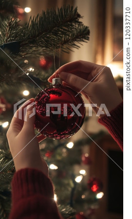 POV of hands in a red sweater placing a glossy red ornament on Christmas tree. Cozy vertical banner 120337710