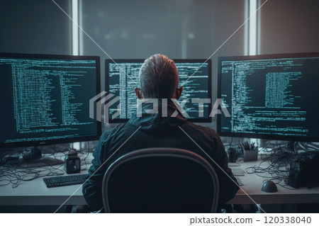 Back view of man coding, programming, developing software for cyber attacks on pc. Generative Ai Back view of man coding, programming, developing software for cyber attacks on pc. Generative Ai 120338040