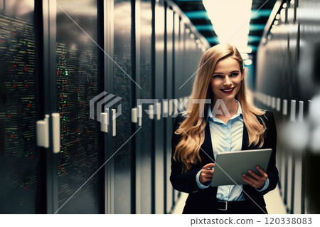 Smiling female technician with a digital tablet in her hand analyzes data in the server room. AI Generative 120338083