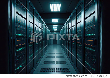 Rows of servers in datacenter, working to process complex computations for cutting-edge technologies. AI Generative 120338084