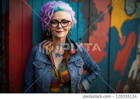 Portrait of an elderly smiling woman with colored hair and a tattoo. AI Generative 120338114