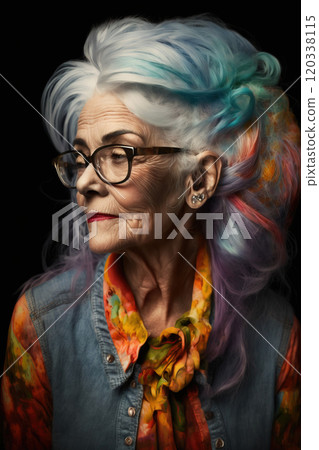 Vertical portrait of a stylish elderly grandmother with bright colored hair. AI Generative Vertical portrait of a stylish elderly grandmother with bright colored hair. AI Generative 120338115