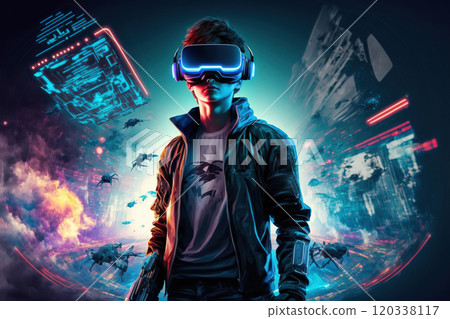 Guy in vr glasses and armament playing cyber game on background with game episodes. Generative AI 120338117