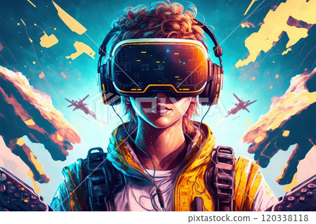 3D cartoon illustration of girl in vr headset playing video game. Generative AI 120338118