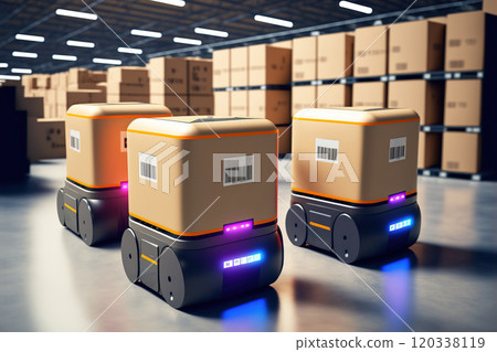 Automated warehouse with robots and machines working together to process and store goods. Generative AI 120338119