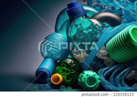 Close-up of plastic waste, bottles polythene and other. Generative AI 120338123