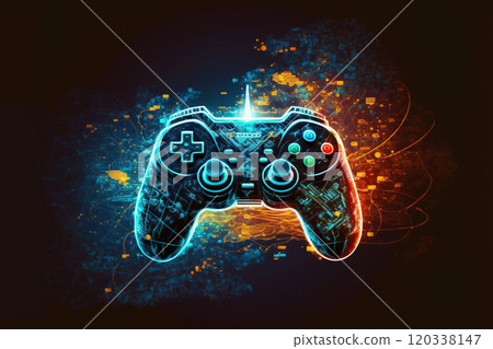 Abstract illustration, a glowing neon light gamepad on a black background. Generative AI Abstract illustration, a glowing neon light gamepad on a black background. Generative AI 120338147