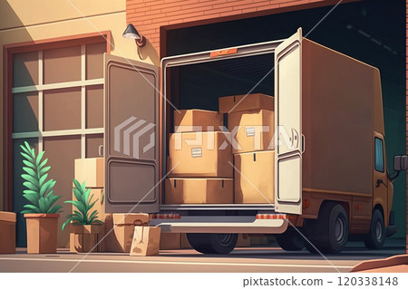 Opened delivery van trunk full with moving boxes parked in warehouse or garage. Generative AI 120338148
