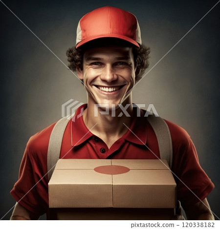 Portrait of happy cheerful courier man holding paper box with pizza. Generative AI 120338182