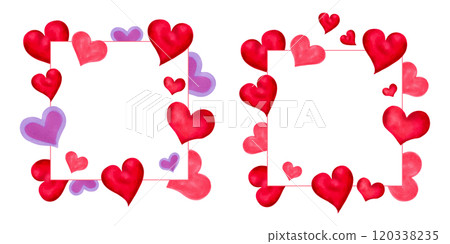 Square frame of red and purple hearts for Valentine's Day, Mother's Day. Watercolor, marker illustrations. Hand drawn isolated art. Background, template with place for text for invitation design. Square frame of red and purple hearts for Valentine's Day, Mother's Day. Watercolor, marker illustrations. Hand drawn isolated art. Background, template with place for text for invitation design. 120338235