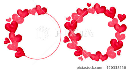 Round frame with pink hearts and space for text. Watercolor and marker illustration. Hand drawn isolated art. Background for Valentine's Day, Singles Day, Friends Day. Romantic frame for cards. Round frame with pink hearts and space for text. Watercolor and marker illustration. Hand drawn isolated art. Background for Valentine's Day, Singles Day, Friends Day. Romantic frame for cards. 120338236