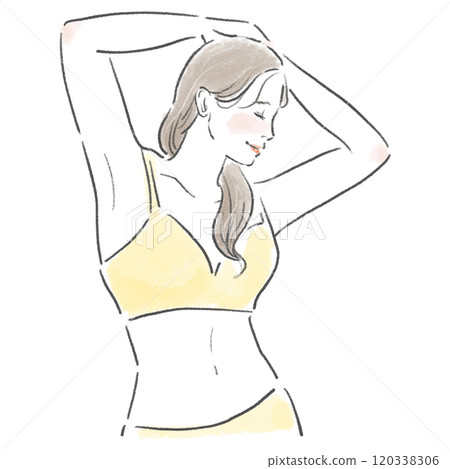 時尚年輕女子的上半身，雙手交叉在頭頂上 120338306