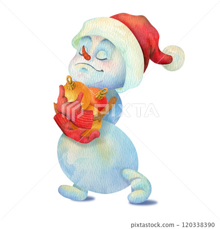 Funny little snowman carries Christmas tree decorations in his hands. Satisfied cute child character isolated on white background. Winter holiday clipart for cards, banners, prints and decorations 120338390