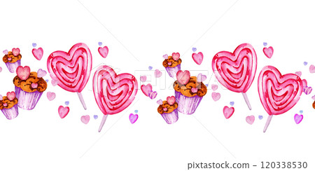 seamless border of valentine day theme with different watercolor hearts, candy, sweets and muffins, hand draw illustration, pink and lilac color board for party decoration, cards, posters on white 120338530