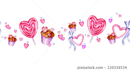 seamless border of valentine day theme with different watercolor hearts, candy, sweets and muffins, hand draw illustration, pink and lilac color board for party decoration, cards, posters on white 120338534