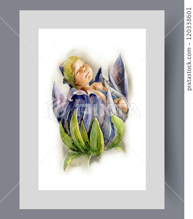 Newborn is born inside flower with purple petals on wall art. Watercolor artwork 120338601