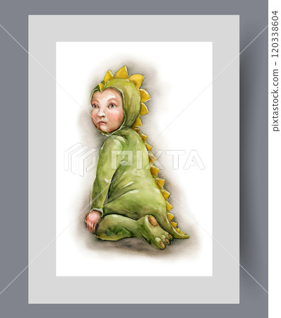 Baby dressed as dragon or lizard with long tail sits on floor on print. Watercolor artwork 120338604