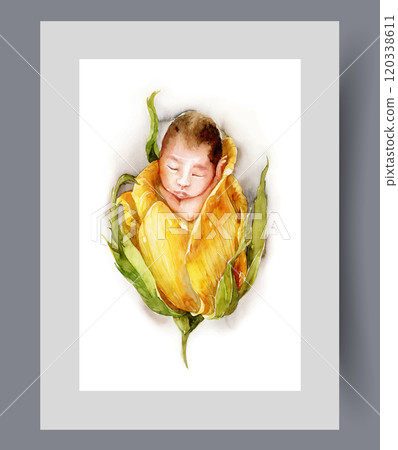 Sleeping newborn appeared in bud of yellow blooming flower on wall art. Watercolor artwork 120338611