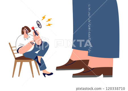 Small woman subordinate shouts at big boss through megaphone, breaking chain of command Small woman subordinate shouts at big boss through megaphone, breaking chain of command 120338710