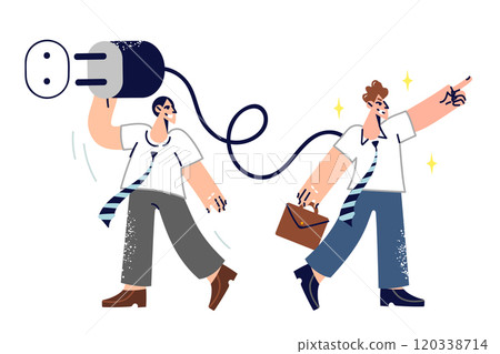 Man manager motivates subordinate to work by connecting employee to outlet to recharge Man manager motivates subordinate to work by connecting employee to outlet to recharge 120338714