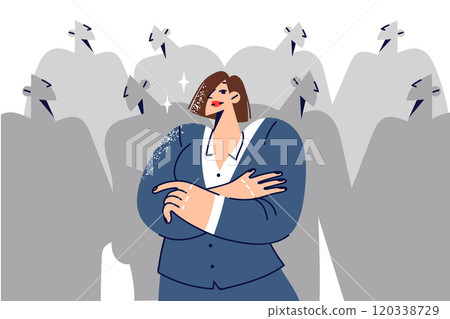 Woman leader feels confident and crosses arms in front chest, standing near crowd of faceless people Woman leader feels confident and crosses arms in front chest, standing near crowd of faceless people 120338729