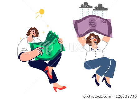Two women with dollars and euros in hands exchange cash into currencies and get different results 120338730
