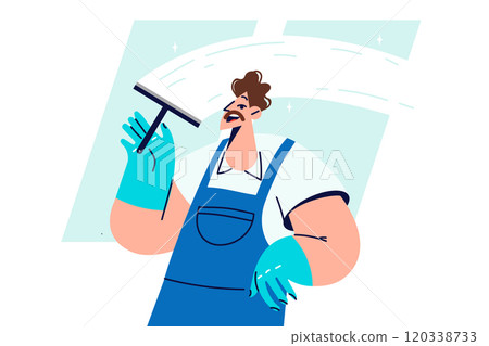 Man window cleaner cleans glass, polishing surface and removing traces of streaks and stains Man window cleaner cleans glass, polishing surface and removing traces of streaks and stains 120338733