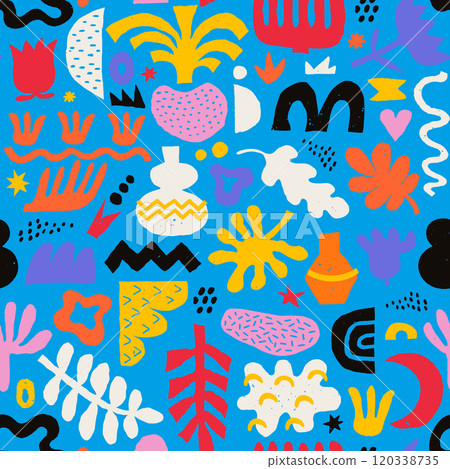 Abstract seamless pattern with figures and freeform blobs, hand drawn colorful crayon illustration. Modern trendy vector sticker set of various plants and doodles pattern design elements on blue Abstract seamless pattern with figures and freeform blobs, hand drawn colorful crayon illustration. Modern trendy vector sticker set of various plants and doodles pattern design elements on blue 120338735